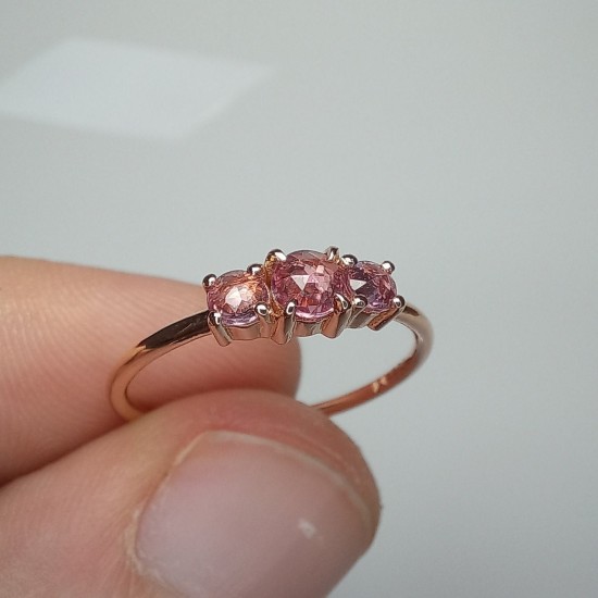 Triple Rose Rose Cut Pink Sapphire Ring, 14K Three Stone Rose Cut Sapphire Band, Dainty Pink Stone Band, Stackable Pink Sapphire Ring