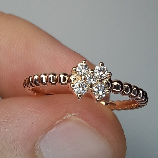 Clover Diamond Ring, 14K-18K Mini Flower Diamond Ring, Tiny Beaded Diamond Band, Stackable Diamond Ring