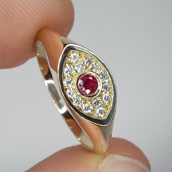 Evil Eye Ruby And Diamond Ring, 14K-18K Marquise Shape Signet Ring, Stackable Signet Ring, Ruby Signet Ring, Pinky Signet Ring