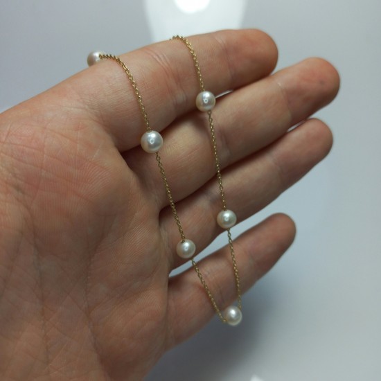 14K Chain Solid Gold Multi Pearl Chain, Fresh Water Pearls Distance Necklace, Floating Pearl Necklace, Mother's Day Pearl Necklace