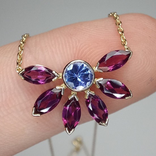 14K Natural Tanzanite Necklace, Marquise Rhodalite & Round Tanzanite Pendant, Top Quality Tanzanite Jewelry, Unique Tanzanite Necklace