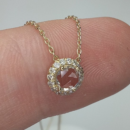 Rose Cut White Sapphire Pendant, Halo Diamond Rosecut Sapphire Necklace, Dainty Rose Cut Charm, 14K Rose Cut Halo Necklace