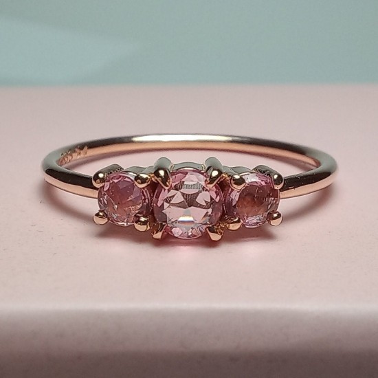 Triple Rose Rose Cut Pink Sapphire Ring, 14K Three Stone Rose Cut Sapphire Band, Dainty Pink Stone Band, Stackable Pink Sapphire Ring