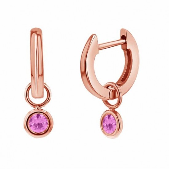 Tiny Pink Sapphire Drop Huggies, Petite Birthstone Earrings, Bezel Sapphire Hoops, Pink Gemstone Drop Earrings