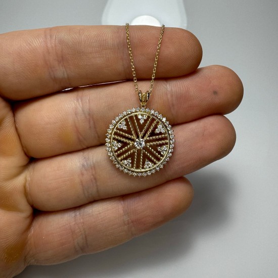 Diamond Big Disc, 14K Ballerina Disc Pendant, Unique Diamond Disc Necklace, Beaded Diamond Disc, 0.73ct Diamond Necklace, Diamond Medallion