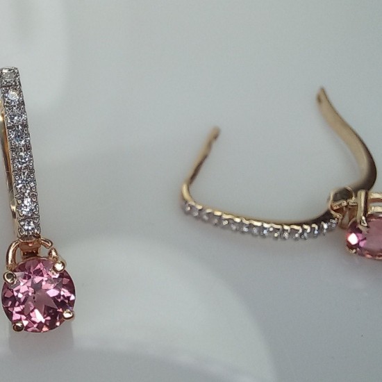 Pink Tourmaline Dangle Hoop Earrings, 14K Genuine Diamond Dainty Huggies, Natural Tourmaline Drop Earrings, Pave Diamond Huggies