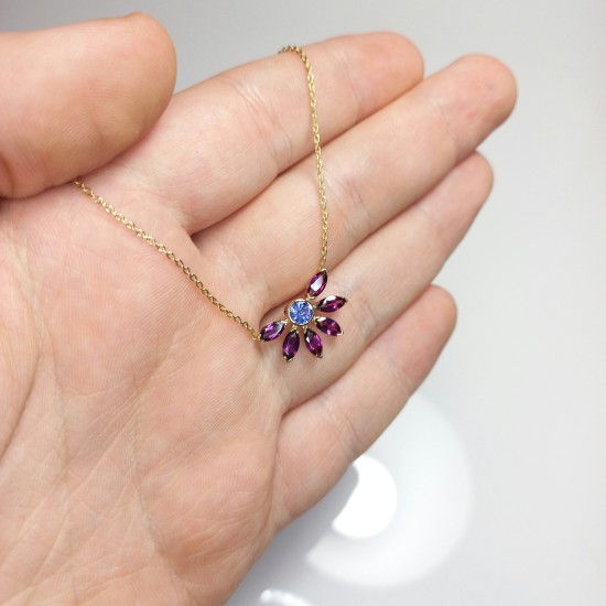 14K Natural Tanzanite Necklace, Marquise Rhodalite & Round Tanzanite Pendant, Top Quality Tanzanite Jewelry, Unique Tanzanite Necklace