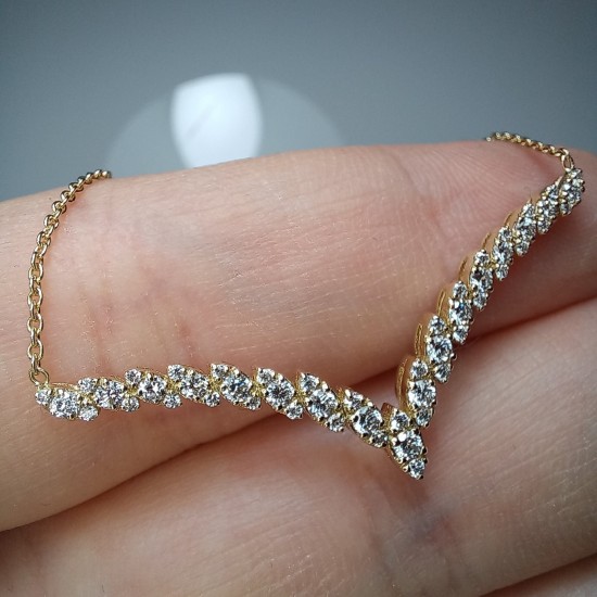 14K-18K Thick Chevron Necklace, Unique V Diamond Necklace, Marquise Shape Chevron Necklace, Bold Diamond Bar Pendant, V Shape Necklace