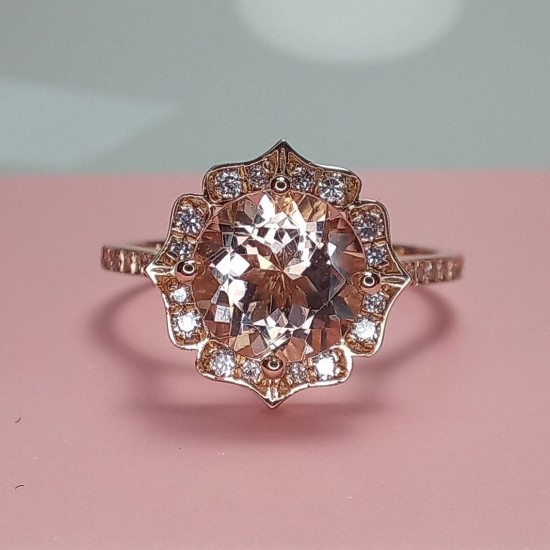 Morganite Vintage Engagement Ring, 14K Morganite And Diamond Wedding Ring, 7mm Natural Morganite, 1.2ct Brilliant Cut Morganite Bridal Ring