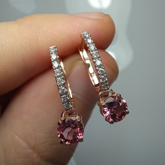 Pink Tourmaline Dangle Hoop Earrings, 14K Genuine Diamond Dainty Huggies, Natural Tourmaline Drop Earrings, Pave Diamond Huggies