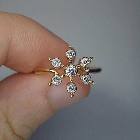 Snowflake Diamond Ring, 14K-18K Floral Diamond Ring, Bezel Set Diamond Ring, Flower Diamond Band