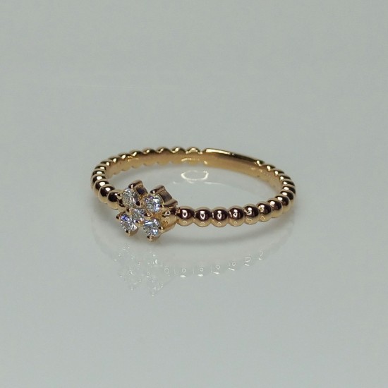 Clover Diamond Ring, 14K-18K Mini Flower Diamond Ring, Tiny Beaded Diamond Band, Stackable Diamond Ring