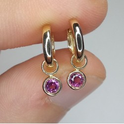 Tiny Pink Sapphire Drop Huggies, Petite Birthstone Earrings, Bezel Sapphire Hoops, Pink Gemstone Drop Earrings