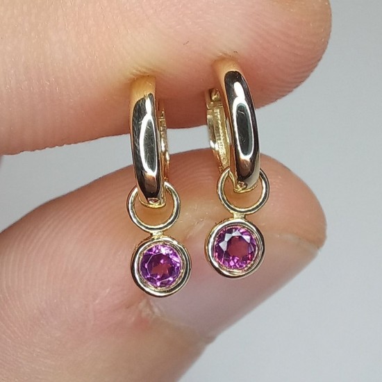 Tiny Pink Sapphire Drop Huggies, Petite Birthstone Earrings, Bezel Sapphire Hoops, Pink Gemstone Drop Earrings