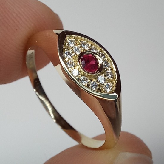 Evil Eye Ruby And Diamond Ring, 14K-18K Marquise Shape Signet Ring, Stackable Signet Ring, Ruby Signet Ring, Pinky Signet Ring