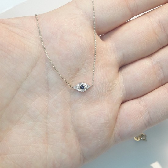 Sapphire Eye Necklace,  Evil Eye Diamond Necklace, 14K Gold Evil Eye, Lucky Eye, Devil Eye Pendant, Lucky Eye, Blue Eye Charm