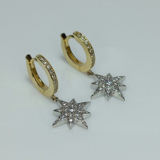 Star Drop Diamond Hoops, Celestial Diamond Earrings, Dangle Drop Huggies, 14K-18K Star Diamond Drops, Pave Diamond Hoops, North Star Earring