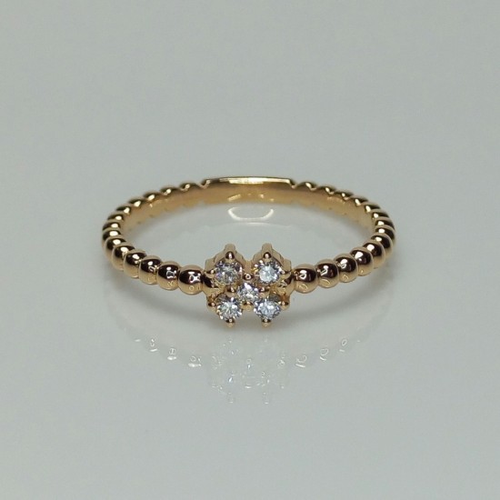 Clover Diamond Ring, 14K-18K Mini Flower Diamond Ring, Tiny Beaded Diamond Band, Stackable Diamond Ring