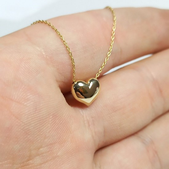 Puffy Heart Necklace, 14K Golden Heart, Solid Gold Heart Necklace, Heart Pendant, Minimalist Heart Necklace