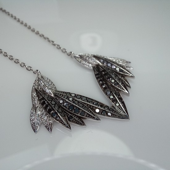 Angel Wings Black And White Diamond Necklace, Gorgeous Diamond Wings, 14K Double Wing Pendant, 1.30Ct Diamond Wings