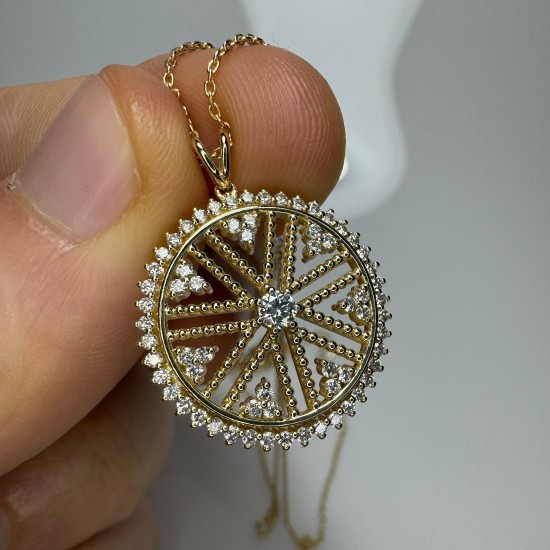 Diamond Big Disc, 14K Ballerina Disc Pendant, Unique Diamond Disc Necklace, Beaded Diamond Disc, 0.73ct Diamond Necklace, Diamond Medallion