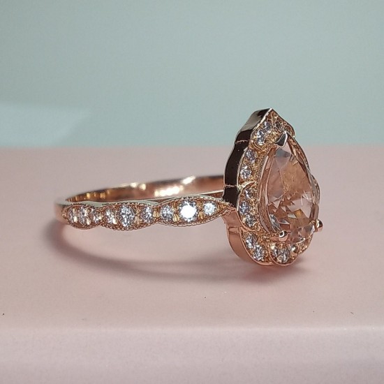 Pearcut Morganite Ring, Rose Gold Teardrop Morganite Engagement Ring, Vintage Teardrop Morganite And Diamond Ring, Valentine's Day Ring Gift