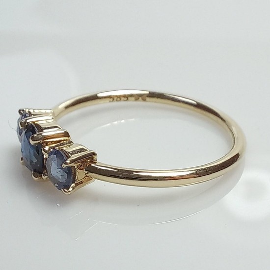 Triple Rose Rose Cut Blue Sapphire Ring, 14K Three Stone Rose Cut Sapphire Band, Dainty Blue Stone Band, Stackable Blue Sapphire Ring