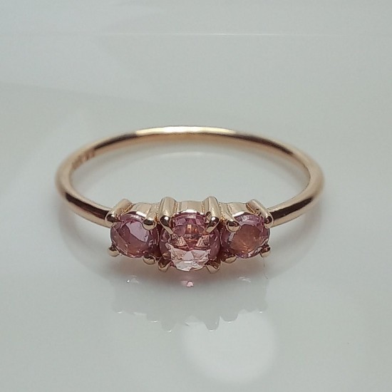 Triple Rose Rose Cut Pink Sapphire Ring, 14K Three Stone Rose Cut Sapphire Band, Dainty Pink Stone Band, Stackable Pink Sapphire Ring