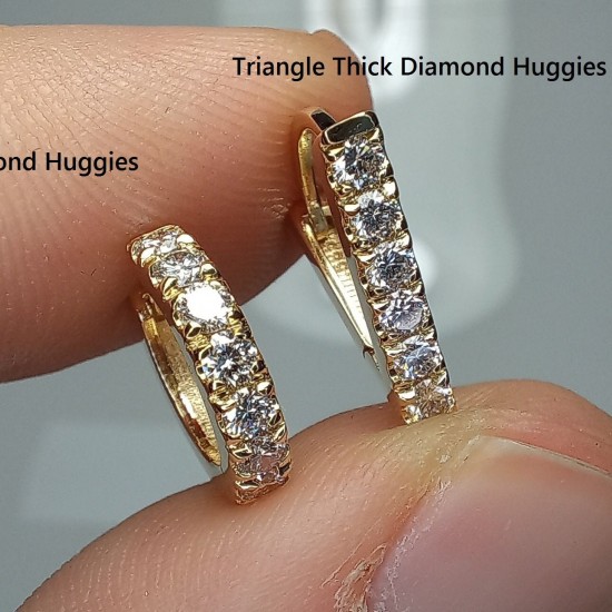 Triangle Thick Diamond Huggies, Bold Triangle Diamond Earrings, Geometric Diamond Hoops, 14K Diamond Hoops Earrings, Spike Diamond Hoops