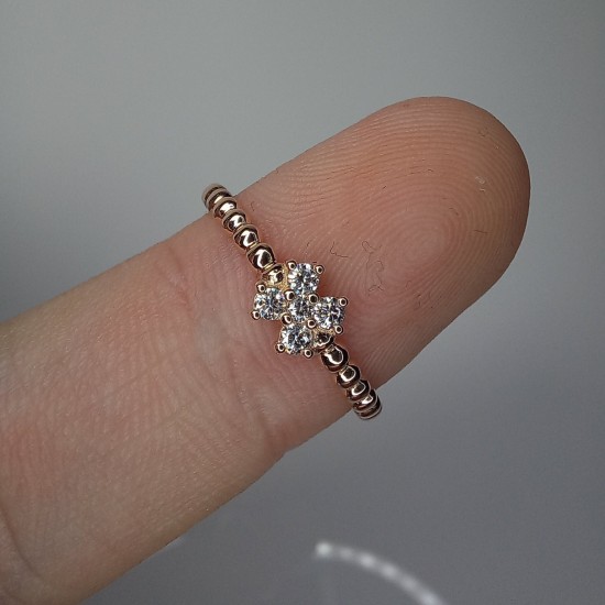 Clover Diamond Ring, 14K-18K Mini Flower Diamond Ring, Tiny Beaded Diamond Band, Stackable Diamond Ring