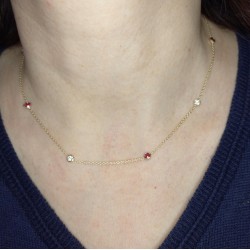 Diamond And Ruby Station Necklace, Bezel Set Genuine Diamond & Ruby Necklace, 14K-18K Dainty Solid Gold Necklace, Layering Necklace