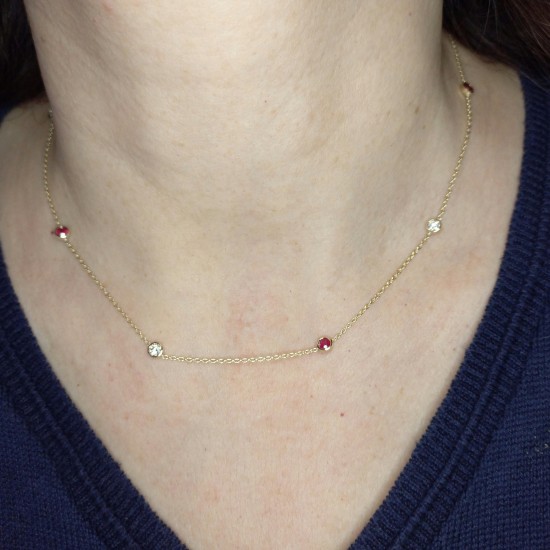 Diamond And Ruby Station Necklace, Bezel Set Genuine Diamond & Ruby Necklace, 14K-18K Dainty Solid Gold Necklace, Layering Necklace