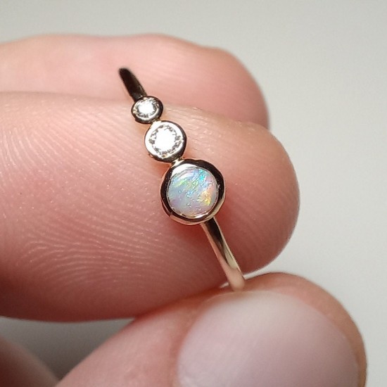 14K Australian Opal Ring, Opal Ring With Diamonds, Gemstone Rings, Opal,Round Opal With Diamonds, Three Stone Ring, Engagement Ring