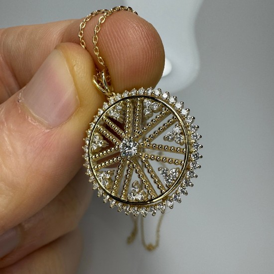 Diamond Big Disc, 14K Ballerina Disc Pendant, Unique Diamond Disc Necklace, Beaded Diamond Disc, 0.73ct Diamond Necklace, Diamond Medallion