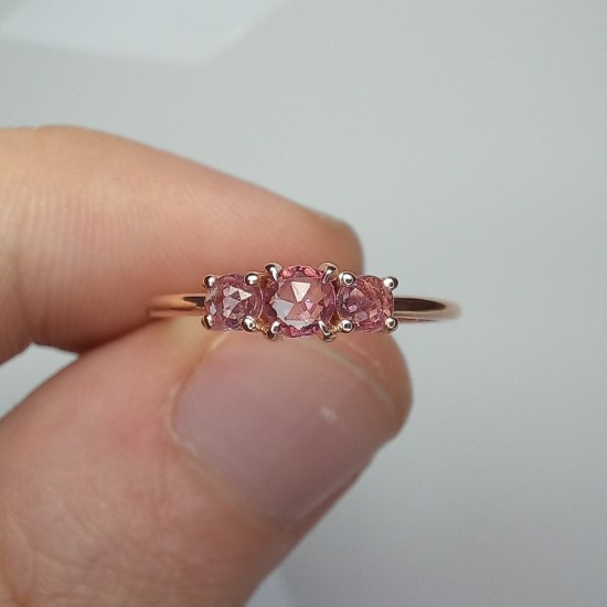 Triple Rose Rose Cut Pink Sapphire Ring, 14K Three Stone Rose Cut Sapphire Band, Dainty Pink Stone Band, Stackable Pink Sapphire Ring