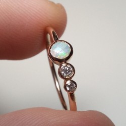 14K Australian Opal Ring, Opal Ring With Diamonds, Gemstone Rings, Opal,Round Opal With Diamonds, Three Stone Ring, Engagement Ring