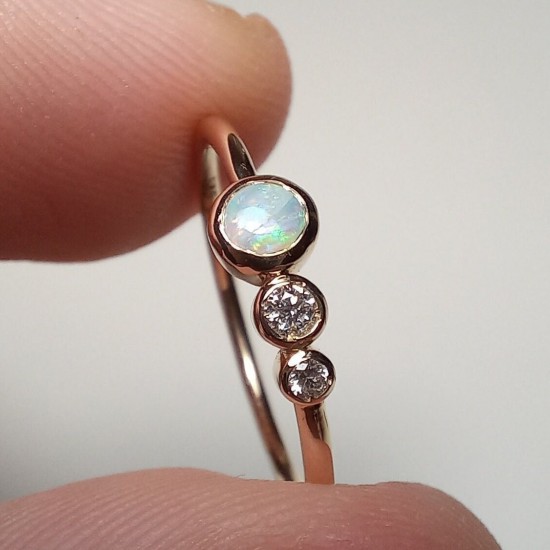 14K Australian Opal Ring, Opal Ring With Diamonds, Gemstone Rings, Opal,Round Opal With Diamonds, Three Stone Ring, Engagement Ring