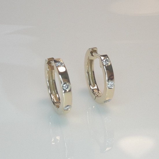 Bezel Diamond Huggie Earrings, Three Diamond Hoops, Inlay Diamond Hoops, 14K Solid Gold Hoops, Genuine Diamond Hoops