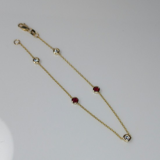 Diamond And Ruby Station Bracelet, Bezel Set Genuine Diamond & Ruby Bracelet, 14K-18K Dainty Solid Gold Bracelet, Layering Bracelet