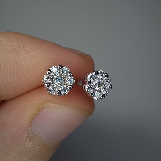 Cluster Diamond Earrings, Pave Diamond Flower Studs, 14K-18K Coronet Diamond Stud, Pave Diamond Studs, Engagement Studs, Wedding Diamond Set