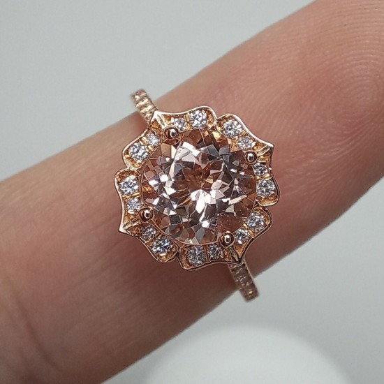 Morganite Vintage Engagement Ring, 14K Morganite And Diamond Wedding Ring, 7mm Natural Morganite, 1.2ct Brilliant Cut Morganite Bridal Ring