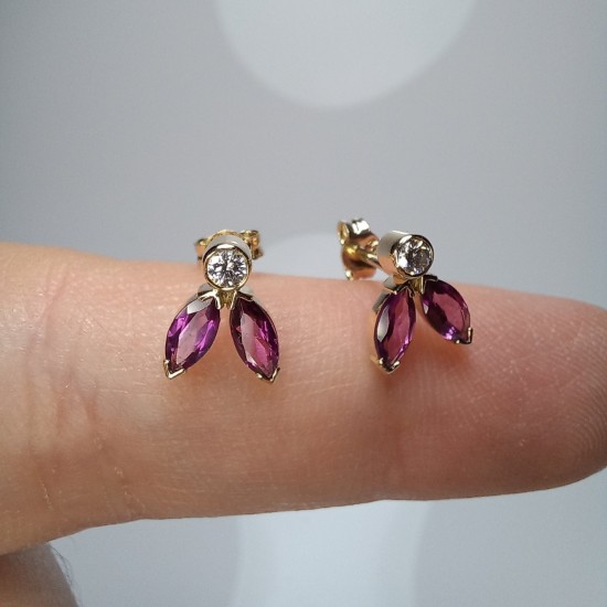 14K-18K Fly Diamond Studs, Marquise Fly Earrings, Bezel Diamond Stud, Rhodalite Marquise Studs, Colored Gemstone Stud Earrings