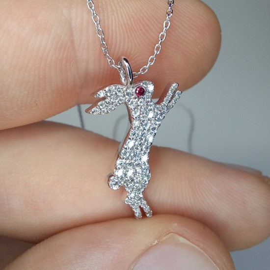 Diamond Rabbit Necklace, Genuine Diamond And Ruby Bunny, 14K-18K Rabbit Pendant, Animal Jewelry, Easter Rabbit Diamond Jewelry