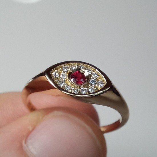 Evil Eye Ruby And Diamond Ring, 14K-18K Marquise Shape Signet Ring, Stackable Signet Ring, Ruby Signet Ring, Pinky Signet Ring