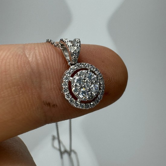 Round Halo Diamond Necklace, 14K-18K Cluster Diamond Pendant, Pave Diamond Charm, Round Shape Diamond Set, Round Shape Charm