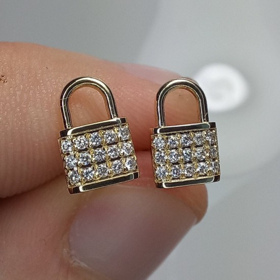 14K Padlock Pave Diamond Studs, Padlock Genuine Diamond Charm, Mother's Day Stud Earrings, Solid Gold Padlock Charm