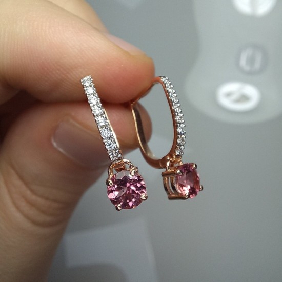 Pink Tourmaline Dangle Hoop Earrings, 14K Genuine Diamond Dainty Huggies, Natural Tourmaline Drop Earrings, Pave Diamond Huggies