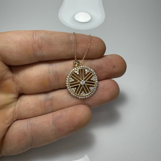 Diamond Big Disc, 14K Ballerina Disc Pendant, Unique Diamond Disc Necklace, Beaded Diamond Disc, 0.73ct Diamond Necklace, Diamond Medallion