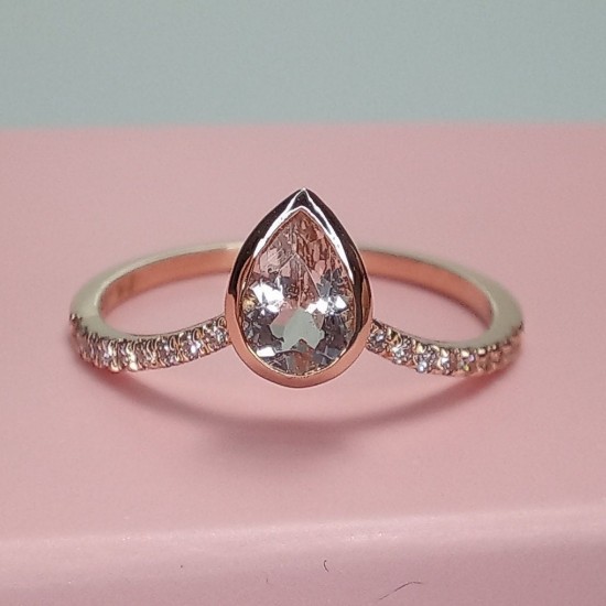 Morganite Curved Band, 14K Morganite Chevron Ring, Morganite V Ring, Stackable Pear Cut Morganite Bridal Ring, Stackable Diamond Ring